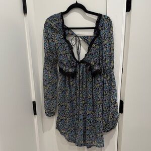 Free People Floral Long Sleeve Dress - Blue and Black
